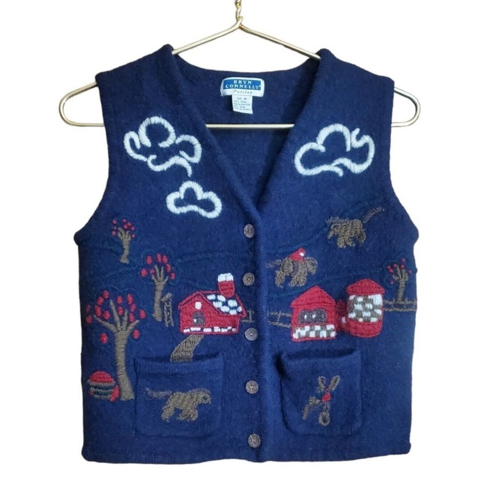 Vintage Wool Equestrian Vest Waistcoat Bryn Connelly Size Medium Petite - Picture 1 of 6